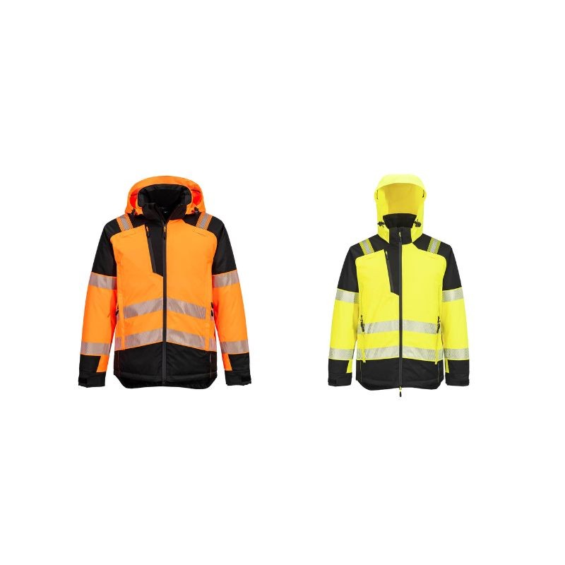 Giubbotto da Lavoro Alta Visibilit� Multitasche Impermeabile Stretch Zip intera con Cappuccio Portwest T160