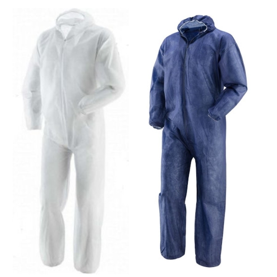 Tuta intera Monouso CAT.1 tipo con cappuccio blu e bianco in polipropilene
