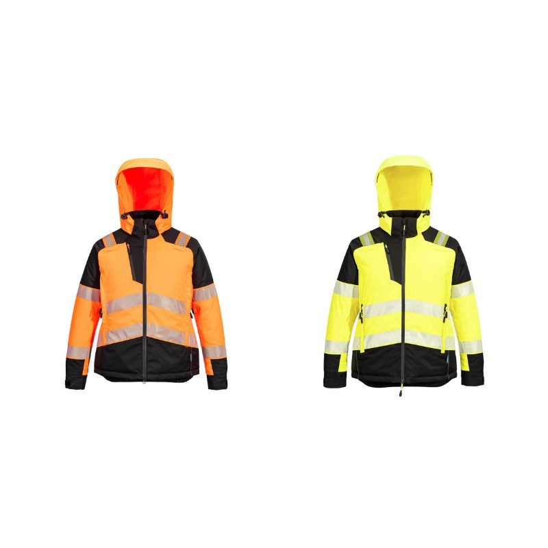 Giubbotto da Lavoro Alta Visibilit� Multitasche Impermeabile Stretch Zip intera con Cappuccio da Donna Portwest T162