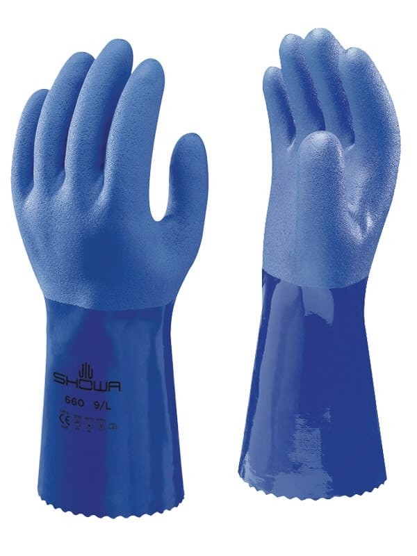10 Paia - Guanti Showa 660 in PVC contro i rischi chimici con supporto in cotone sh660