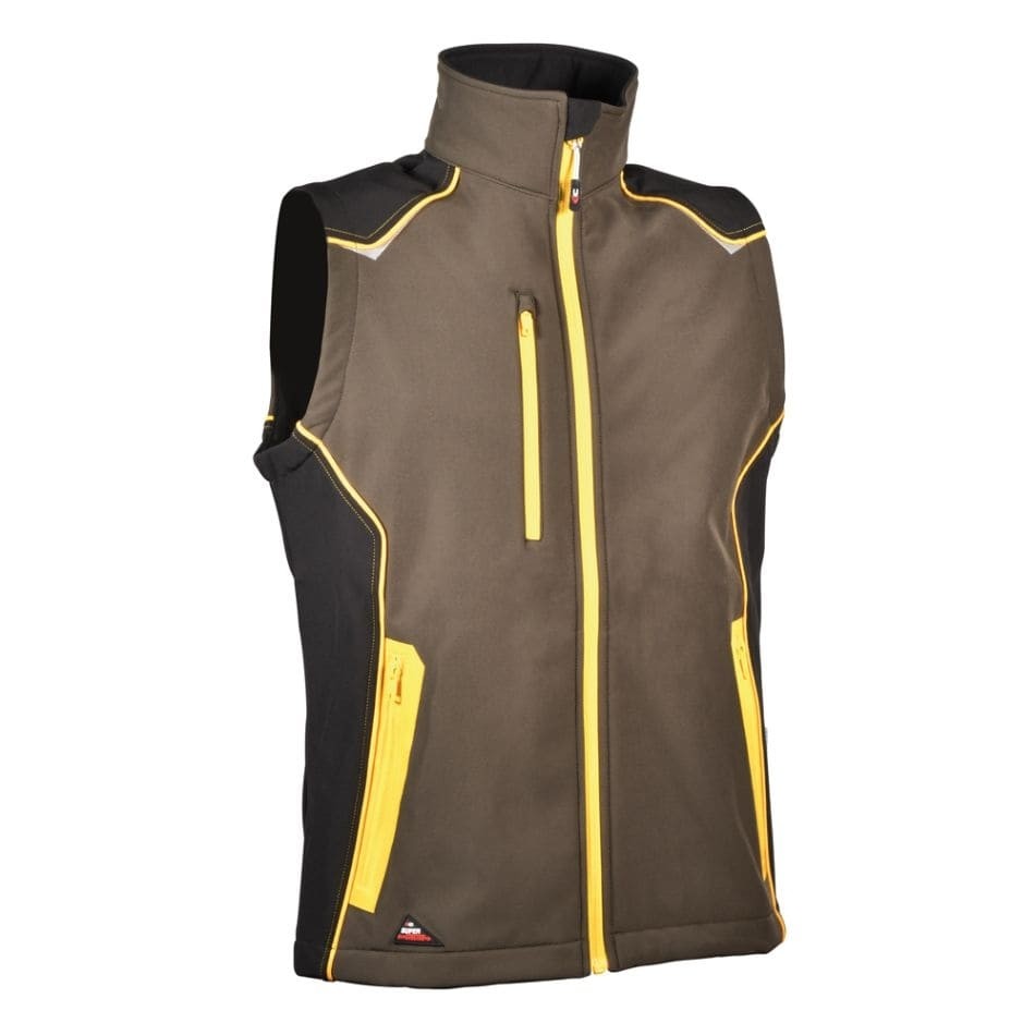 Fuori tutto - Gilet Softshell da Lavoro Stretch Multitasche Cofra Kyzyl V578-0-02 Taglia 50 Colore Fango Nero Giallo