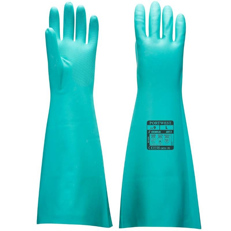 12 Paia - Guanti da Lavoro Protezione in Nitrile Lunghezza Extra - A813 Portwest