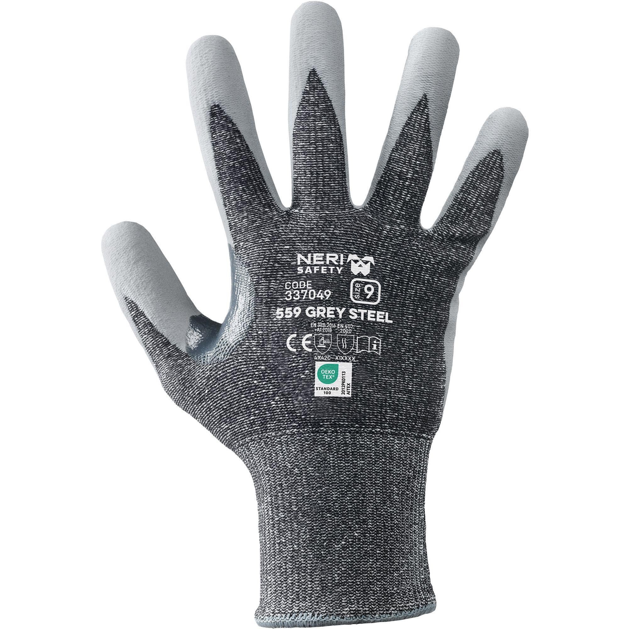 12 Paia - Guanti da Lavoro Grey Steel Antitaglio con Dyneema/Nitrile Neri 337049
