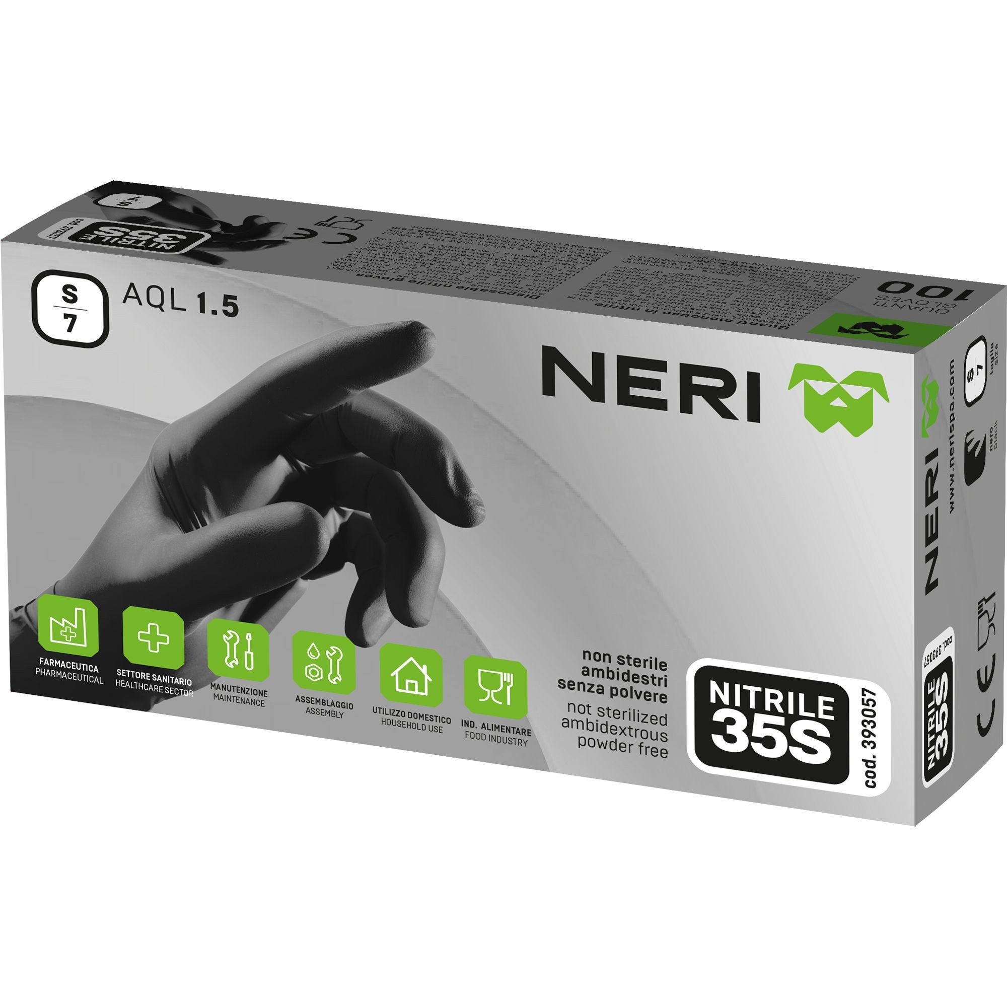 Guanti da Lavoro Nitrile 35S Monouso AQL 1.5 (100 Pezzi) Neri 393057