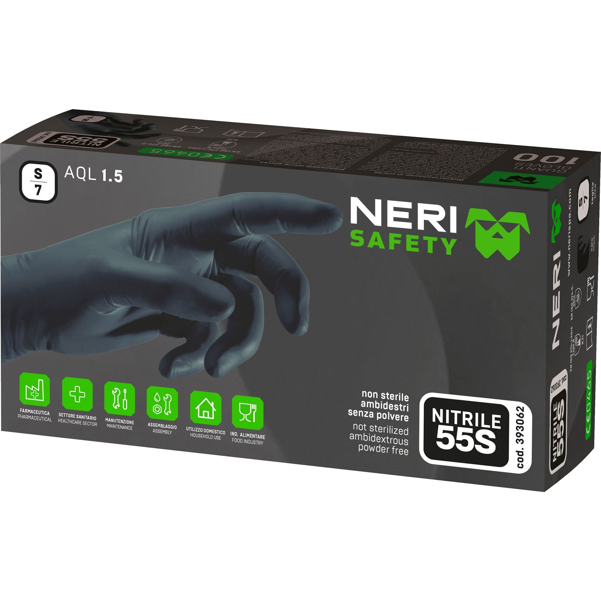 Guanti da Lavoro Nitrile 55S Monouso AQL 1.5 (100 Pezzi) Neri 393062