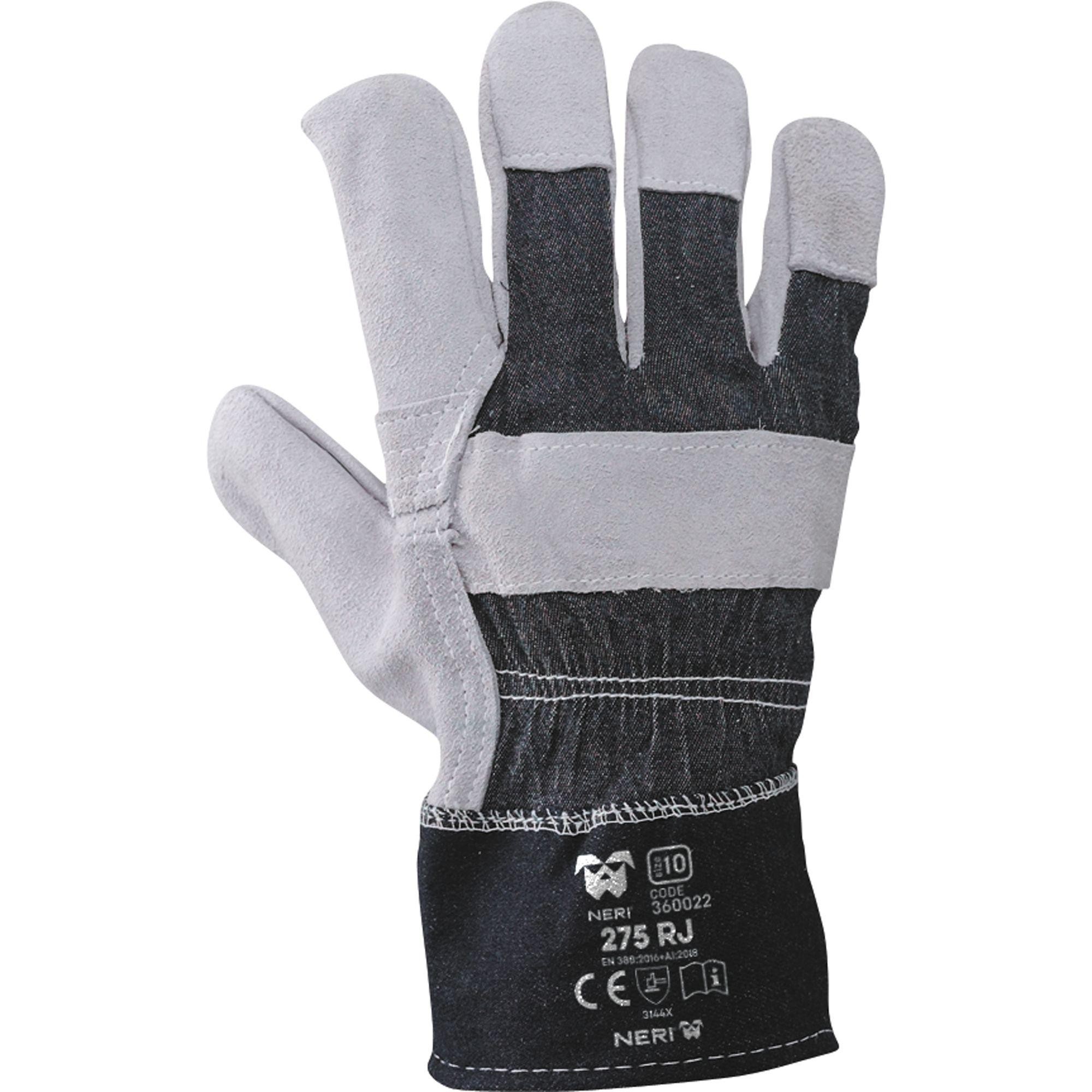 12 Paia - Guanti da Lavoro 275 RJ in Pelle di Crosta Bovina/Tela Jeans Neri 360022