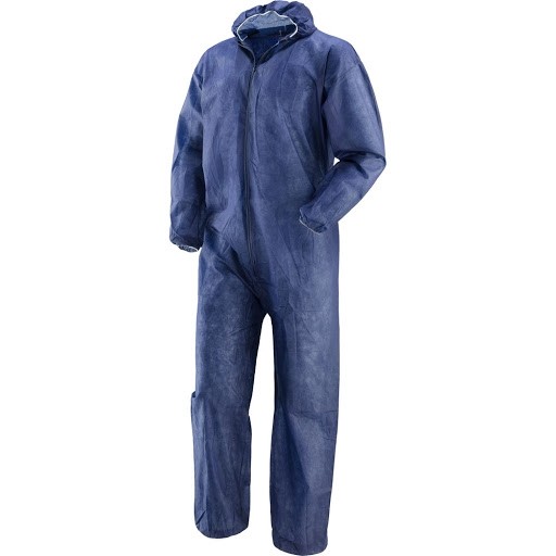 Tuta intera Monouso CAT.1 tipo con cappuccio blu e bianco in polipropilene